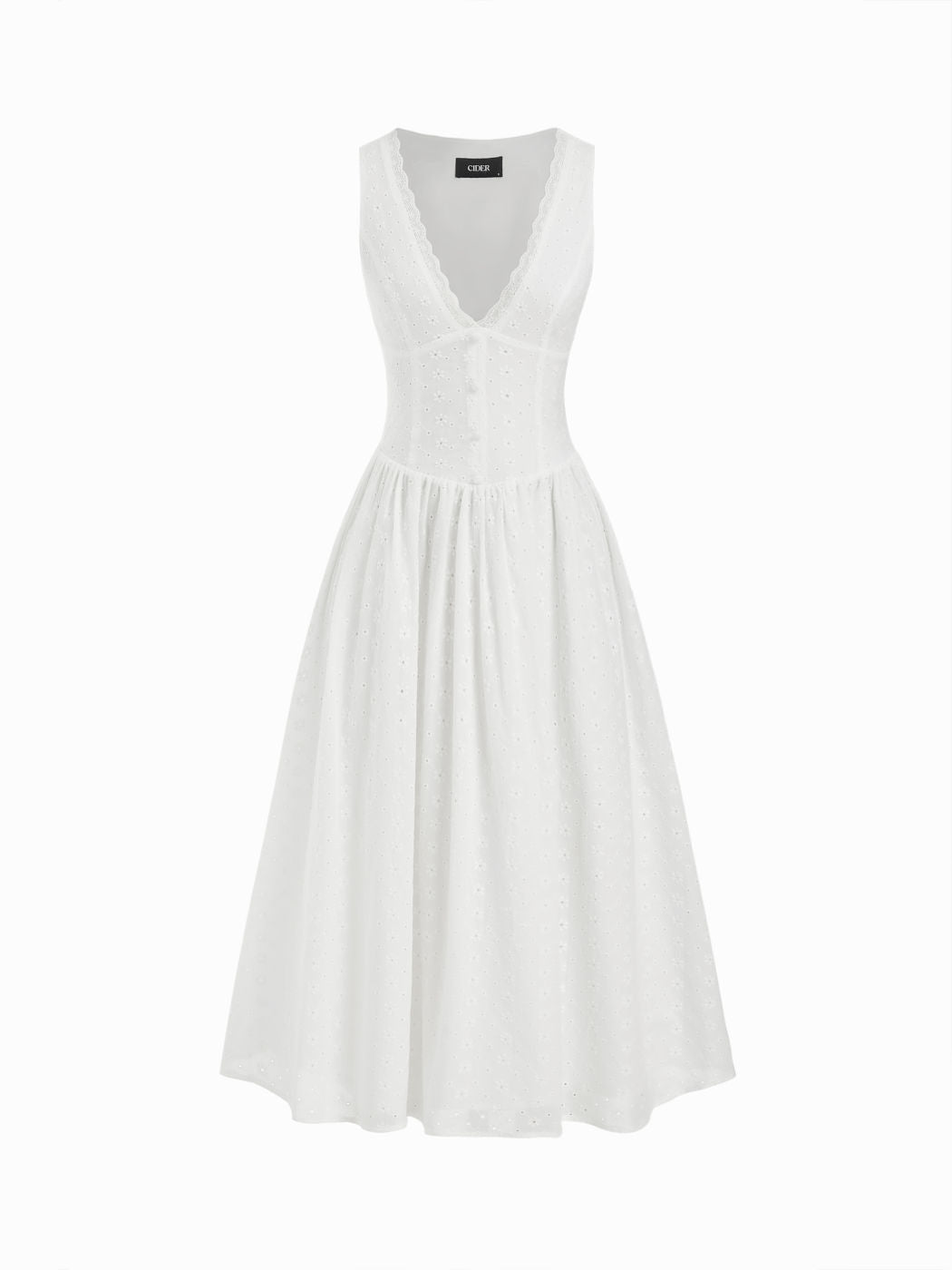 Cotton-blend Sculptural V-neck Broderie Anglaise Floral Lace Trim Button Midi Dress