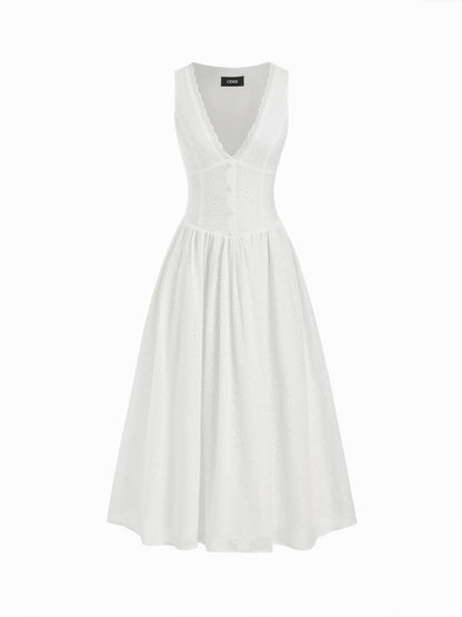 Cotton-blend Sculptural V-neck Broderie Anglaise Floral Lace Trim Button Midi Dress
