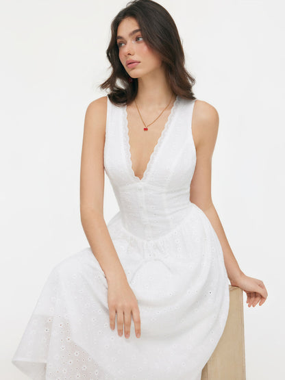 Cotton-blend Sculptural V-neck Broderie Anglaise Floral Lace Trim Button Midi Dress