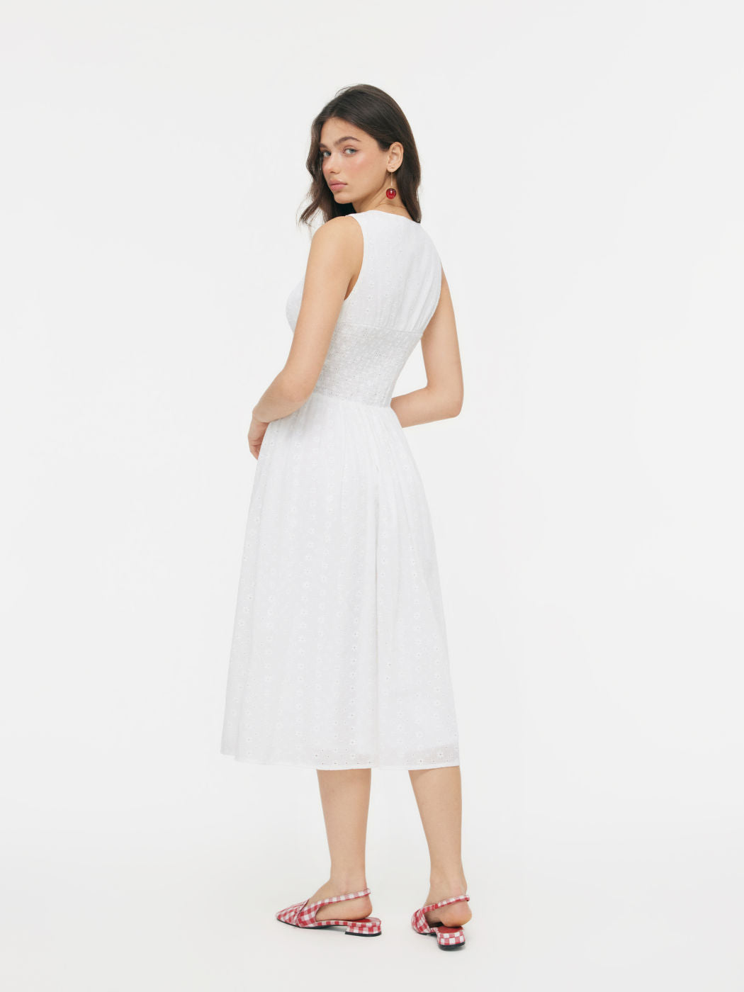 Cotton-blend Sculptural V-neck Broderie Anglaise Floral Lace Trim Button Midi Dress