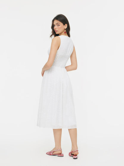 Cotton-blend Sculptural V-neck Broderie Anglaise Floral Lace Trim Button Midi Dress