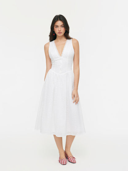 Cotton-blend Sculptural V-neck Broderie Anglaise Floral Lace Trim Button Midi Dress