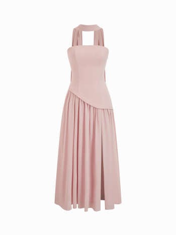 Chiffon Sculptural Halter Neckline Lace Up Maxi Bobycon Dress With Scarf