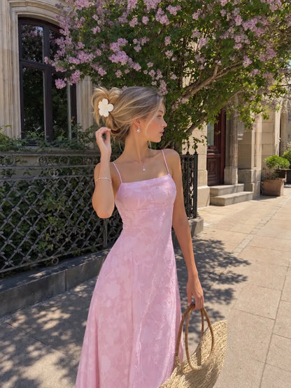 Textured Floral Backless A-Line Maxi Dress